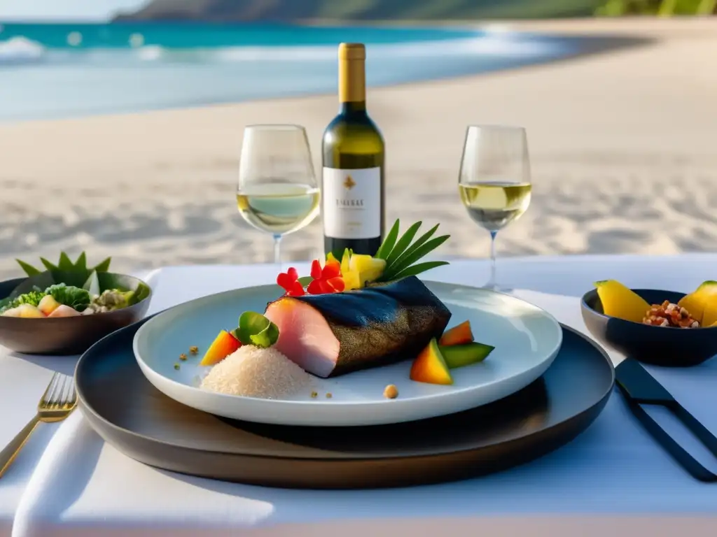 Vinos para maridar comida hawaiana: cena sofisticada en la playa de Hawaii con mesa blanca, botella de vino y platos coloridos