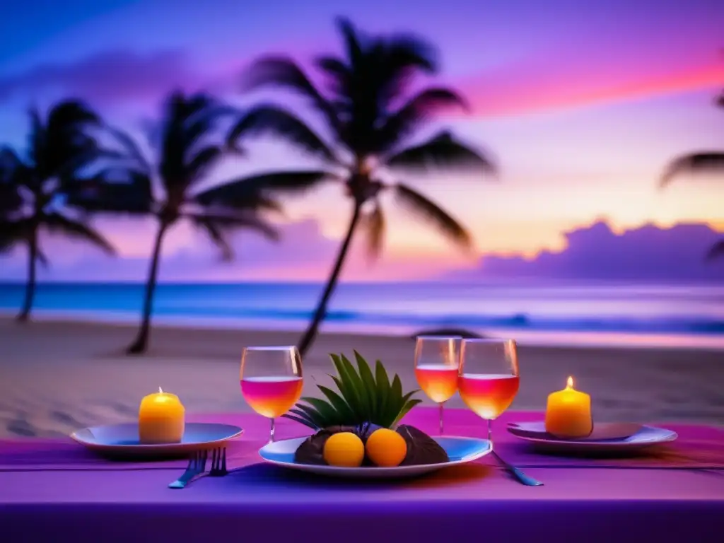 Vinos para maridar comida hawaiana - Cena elegante en la playa al atardecer: vinos, mariscos y frutas tropicales