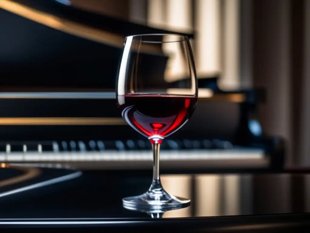 Vinos destacados música clásica: copa de vino rojo en piano negro