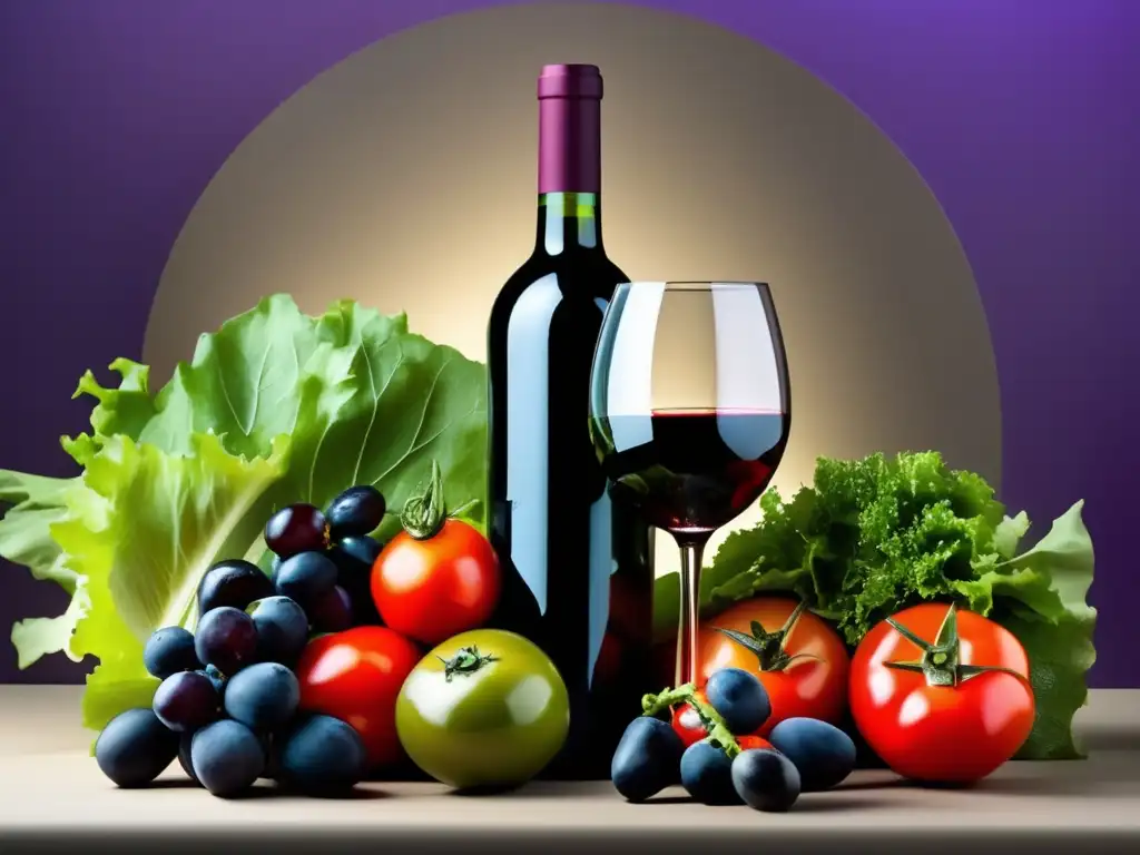 Vinos para Dieta Mediterránea - Frutas, verduras y vino en una composición colorida y elegante