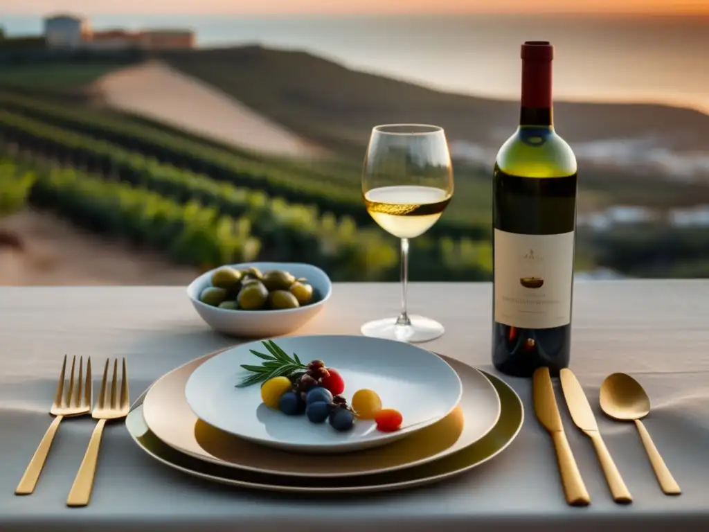 Vinos para Dieta Mediterránea: mesa minimalista con vino tinto, vidrio y plato de ingredientes frescos, en un paisaje costero al atardecer