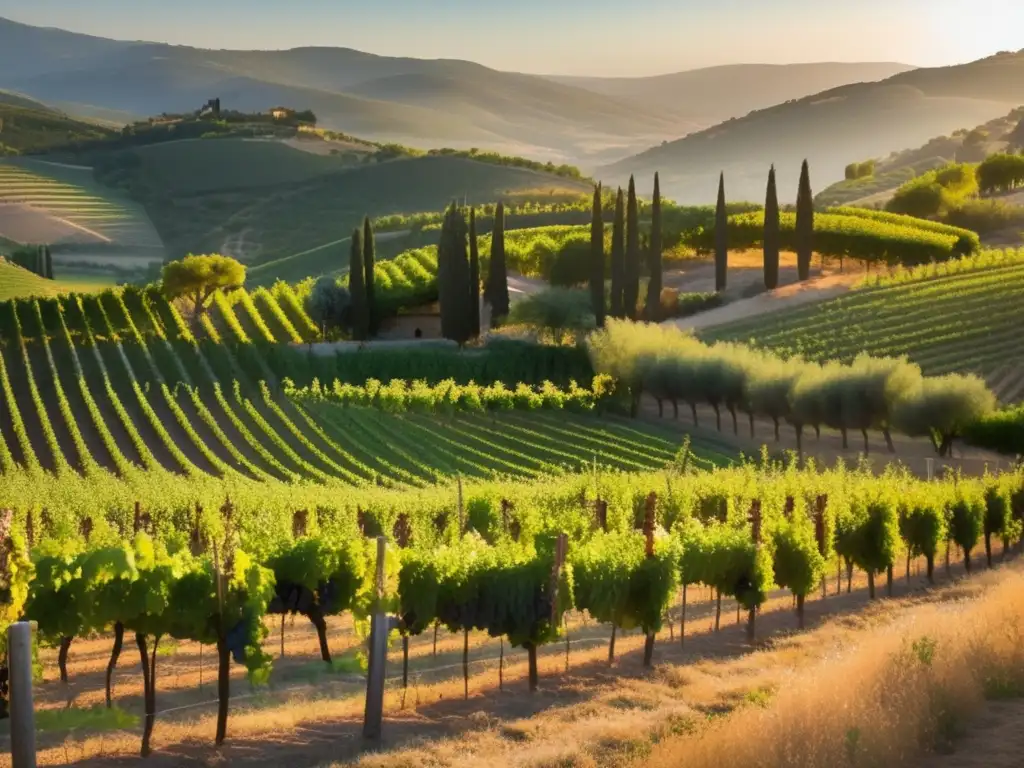 Vinos para dieta mediterránea perfecta: imagen de viñedo mediterráneo al atardecer con uvas verdes y mesa de comida