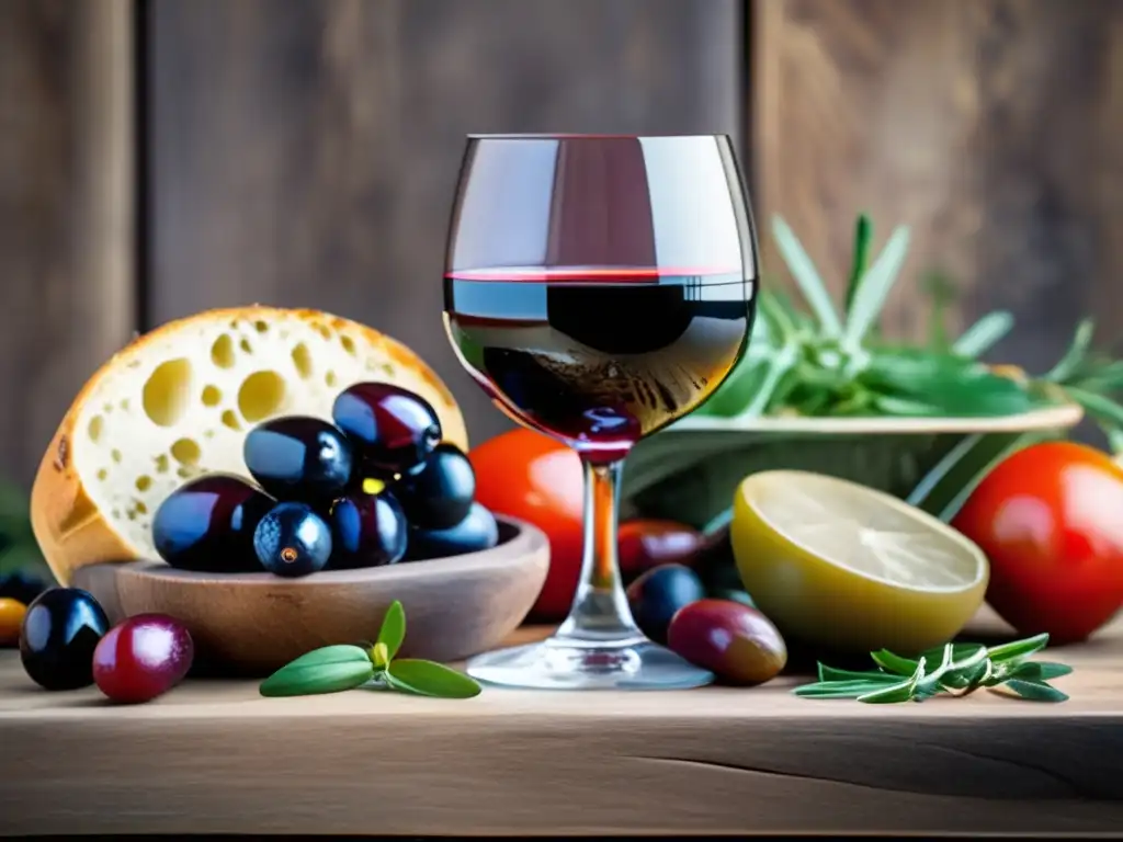 Vinos para dieta mediterránea perfecta: copa de vino rojo rodeada de ingredientes mediterráneos