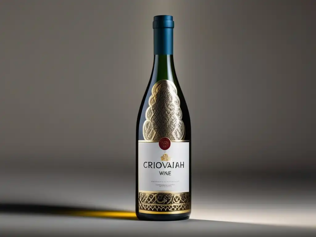 Vinos de Croacia: elegante botella de cristal con patrón dorado y vino rojo intenso