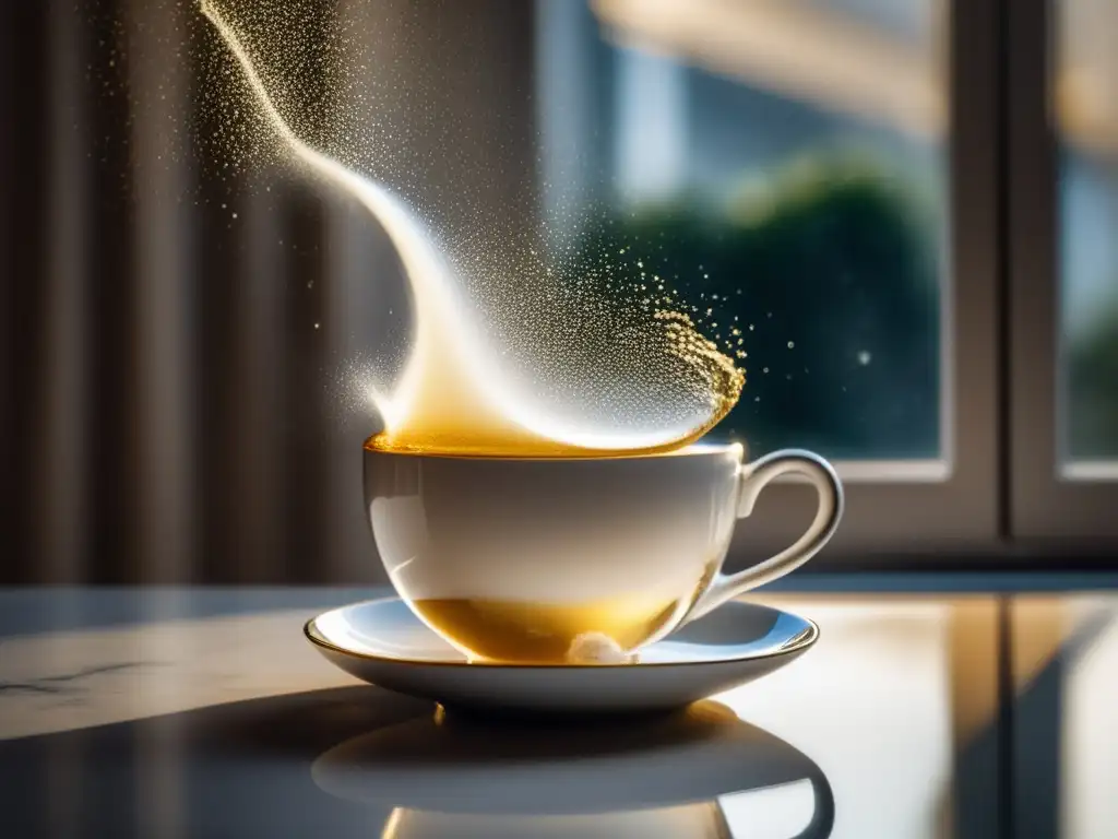 Elegante combinación de vino espumoso y té Vinos espumosos para afternoon tea: teacup de té blanco en mármol, vino dorado burbujeante, hojas de té girando, luz solar iluminando detalles