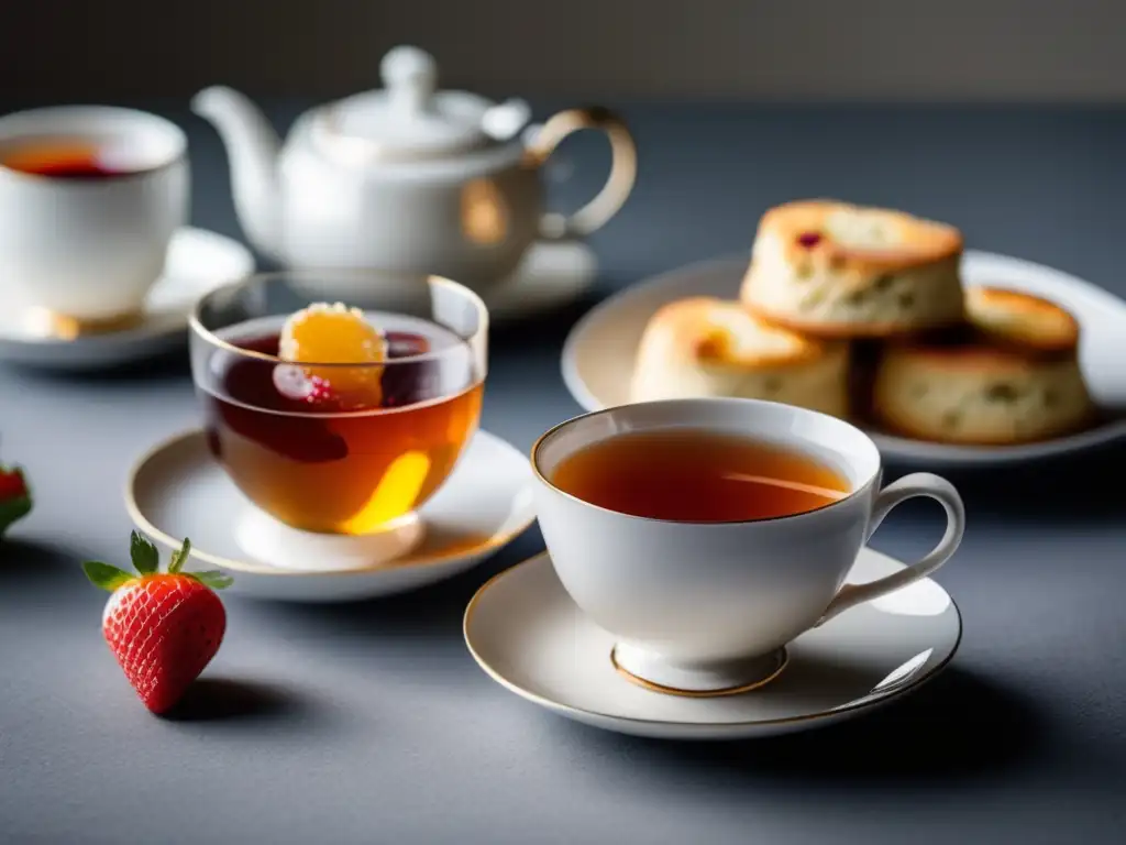 Elegante experiencia de té con vino espumante y scones Vinos espumosos para afternoon tea: experiencia elegante con tetera, taza de té de porcelana, scones y jamón de fresa
