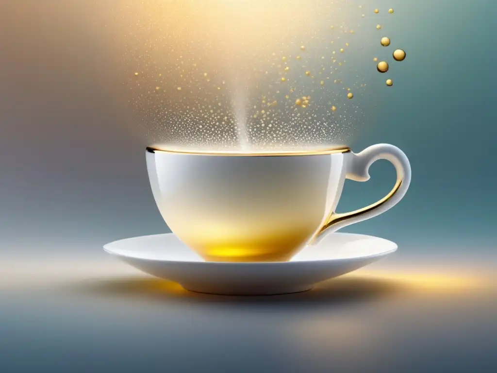 Taza de té de porcelana blanca con burbujas doradas Vinos espumosos para afternoon tea en taza de porcelana blanca con burbujas doradas