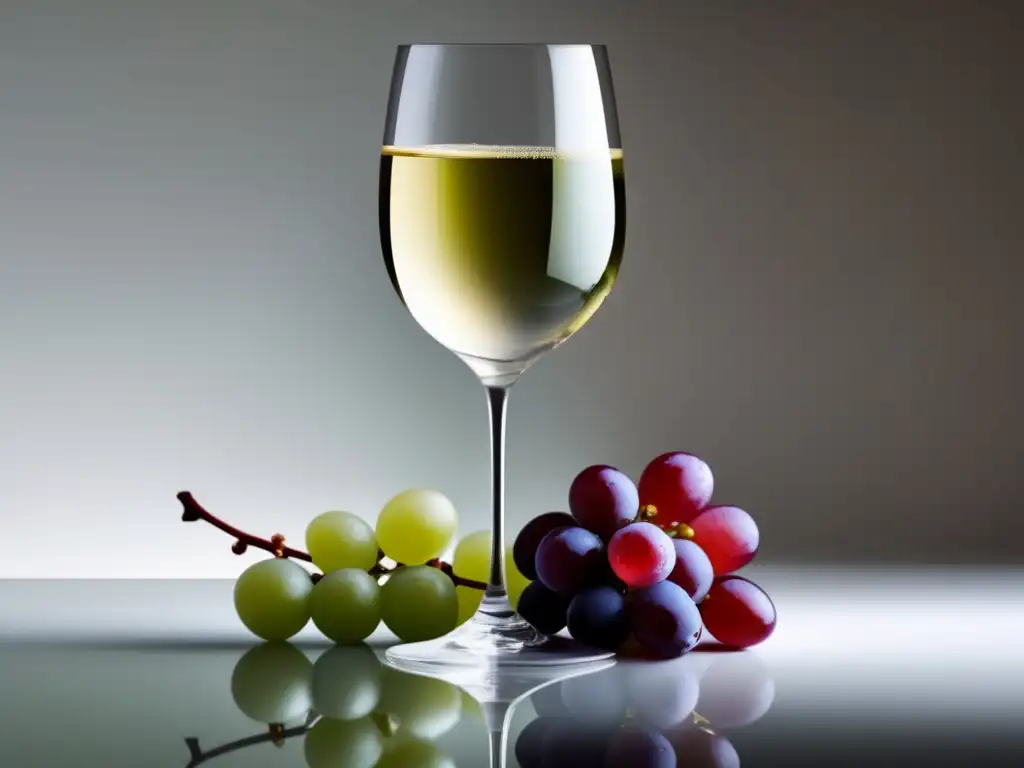 Vinos espumosos: copa elegante con uvas blancas y rojas, burbujas brillantes