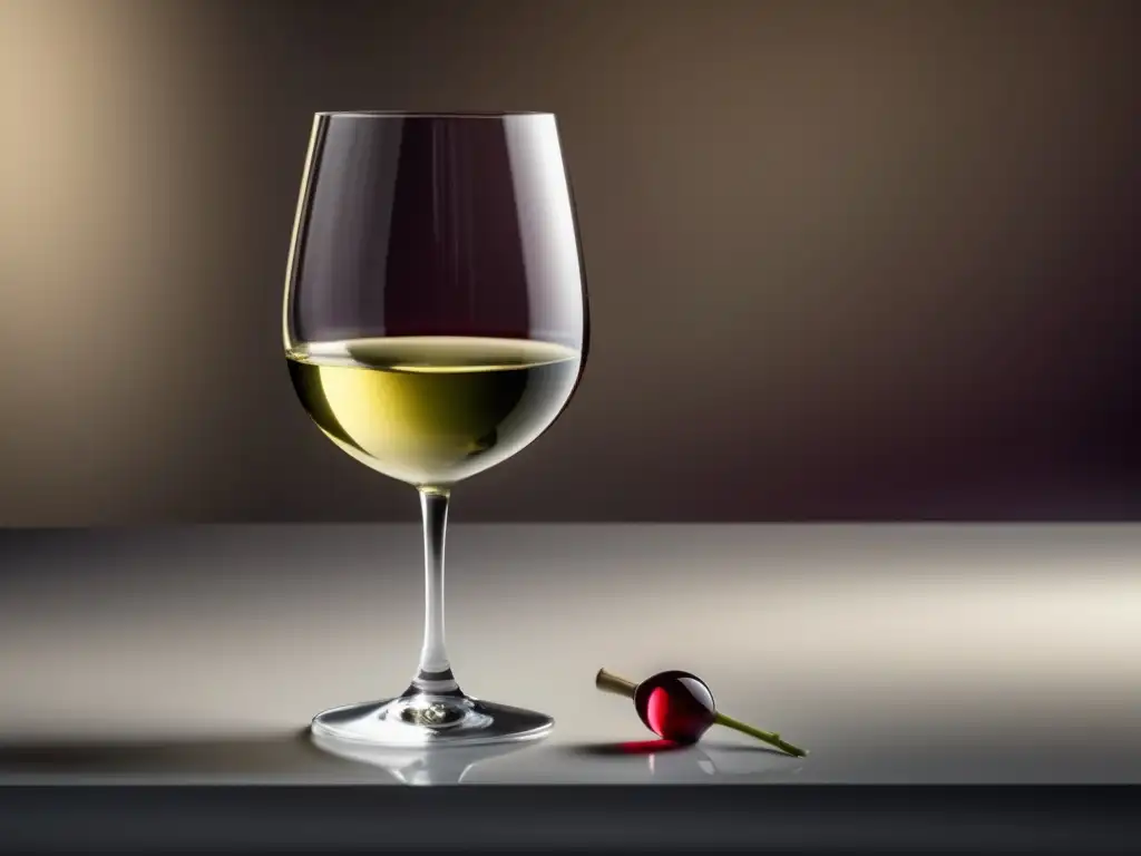 Guía degustación vinos europeos: Copa de vino blanco sobre mesa minimalista, lleno de vino europeo rojo rubí