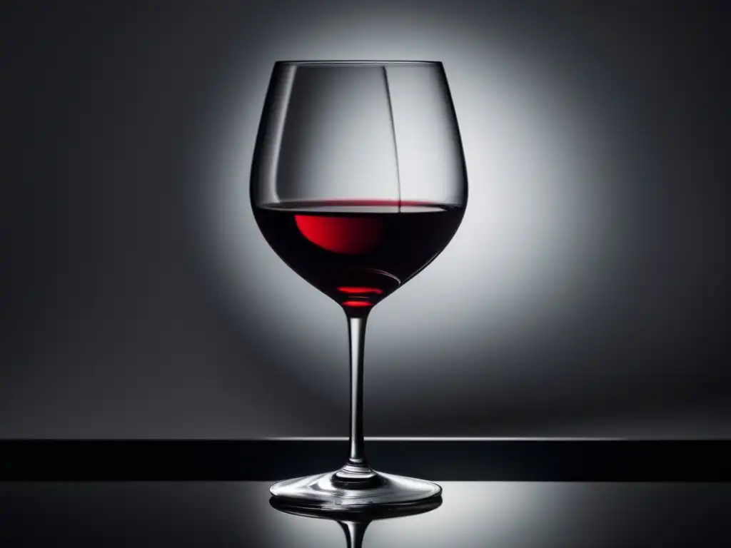 Vinos ficticios famosos en películas: copa de vino negro y blanco con líquido rojo, elegante en superficie reflectante, resalta sofisticación