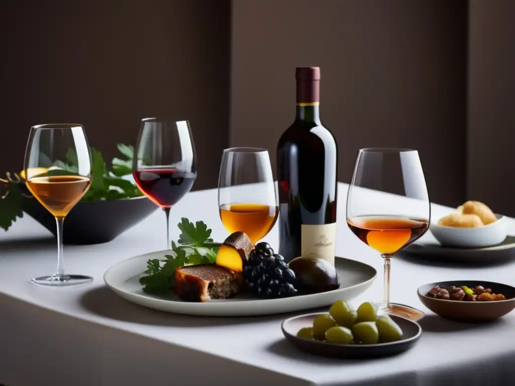 Vinos fortificados América del Sur, mesa elegante con platos tradicionales y copas de vino ámbar