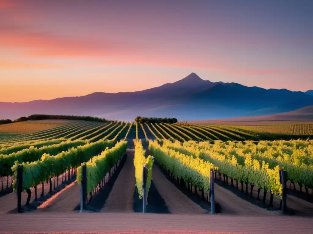 Vinos fortificados América del Sur en viñedo al atardecer