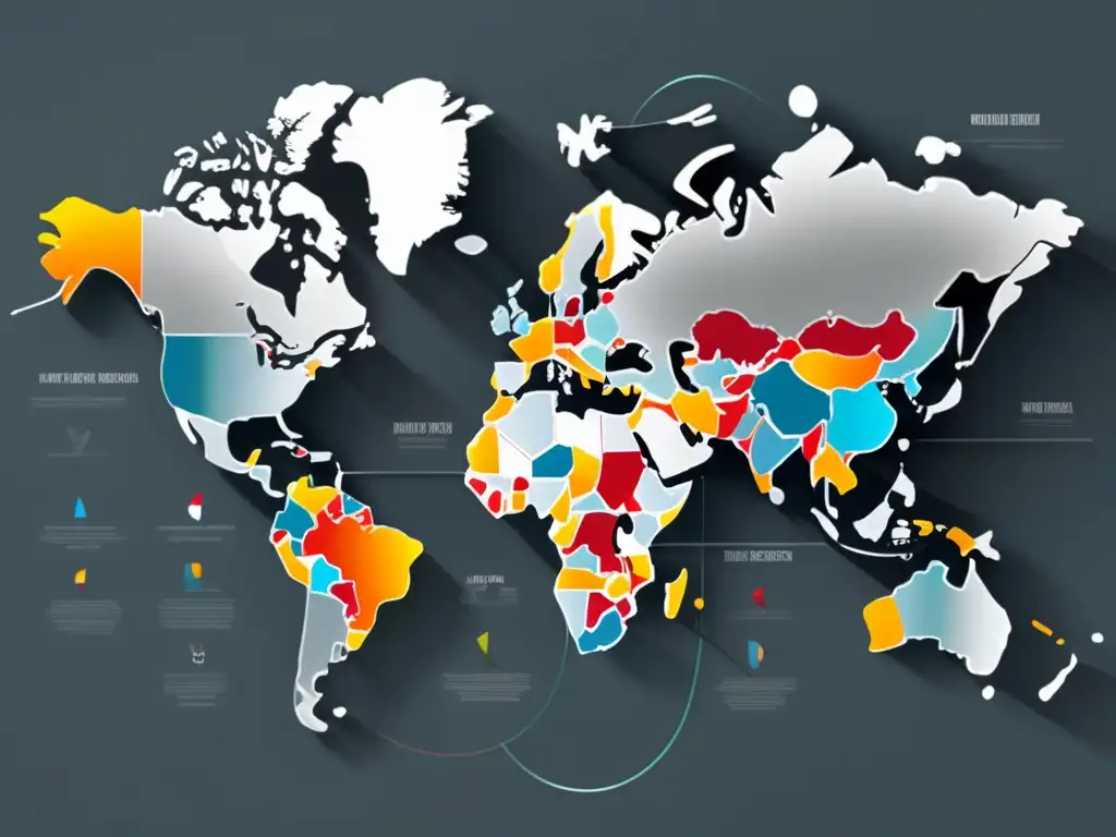 Vinos globales sin fronteras: mapa minimalista con países del mundo en plata y copas de vino coloridas en regiones vinícolas destacadas