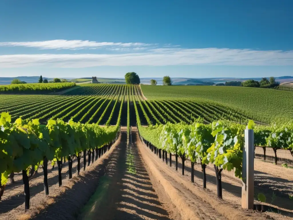 Vinos globales sin fronteras: viñedo minimalista con filas de uvas verdes, cielo azul y bodega moderna