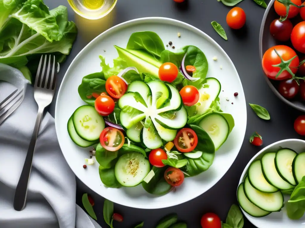 Vinos gourmet para ensaladas - Plato blanco con ensalada verde vibrante, fresca y elegante