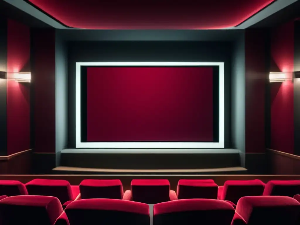 Vinos icónicos en el cine: sala oscura, butacas rojas de terciopelo, pantalla plateada, copa de vino tinto elegantemente iluminada