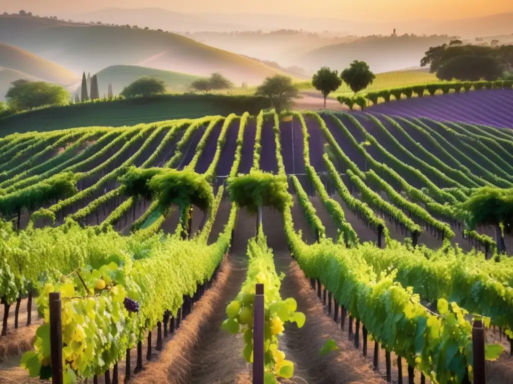 Vinos de India: Cultura Vinícola Emergente en una serena viña bañada por la cálida luz dorada, con uvas púrpuras y paisaje pintoresco