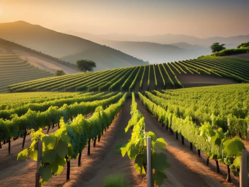 Vinos de India: Cultura Vinícola Emergente en un viñedo sereno al atardecer