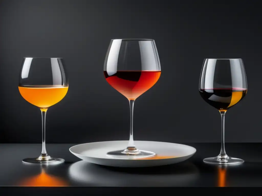 Vinos innovadores en alta cocina: plato blanco con tres copas de vino únicas y elegantes en mesa negra, resaltando su sofisticación