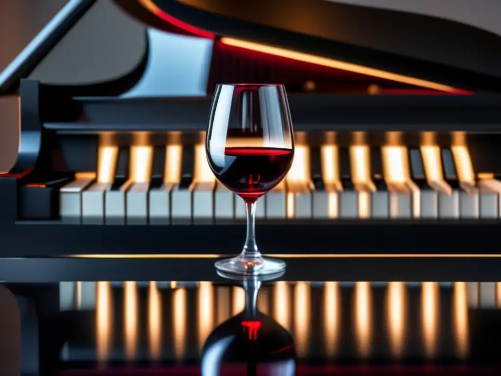 Vinos para maridar con jazz: copa de vino rojo en piano negro con luz cálida y banda de jazz