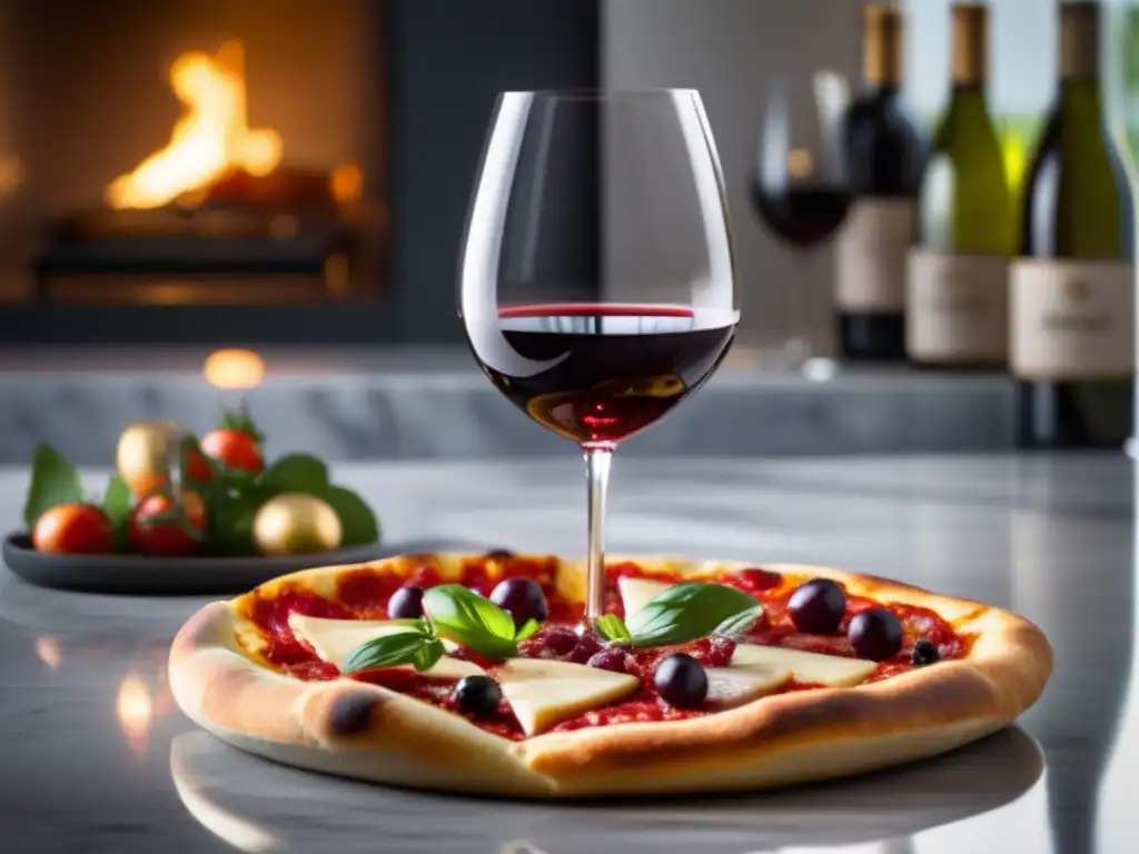 Vinos para maridar con pizzas: copa de vino tinto junto a una exquisita pizza gourmet