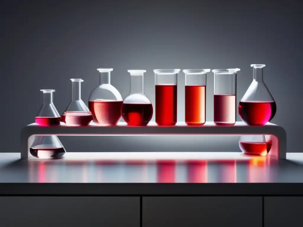 Explorando vinos de laboratorio en entorno minimalista de laboratorio, con elegantes beakers llenos de líquidos vibrantes