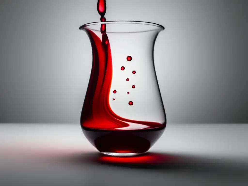 Vinos de laboratorio en eventos: Beaker blanco con líquido rojo intenso girando, resalta elegancia y transparencia