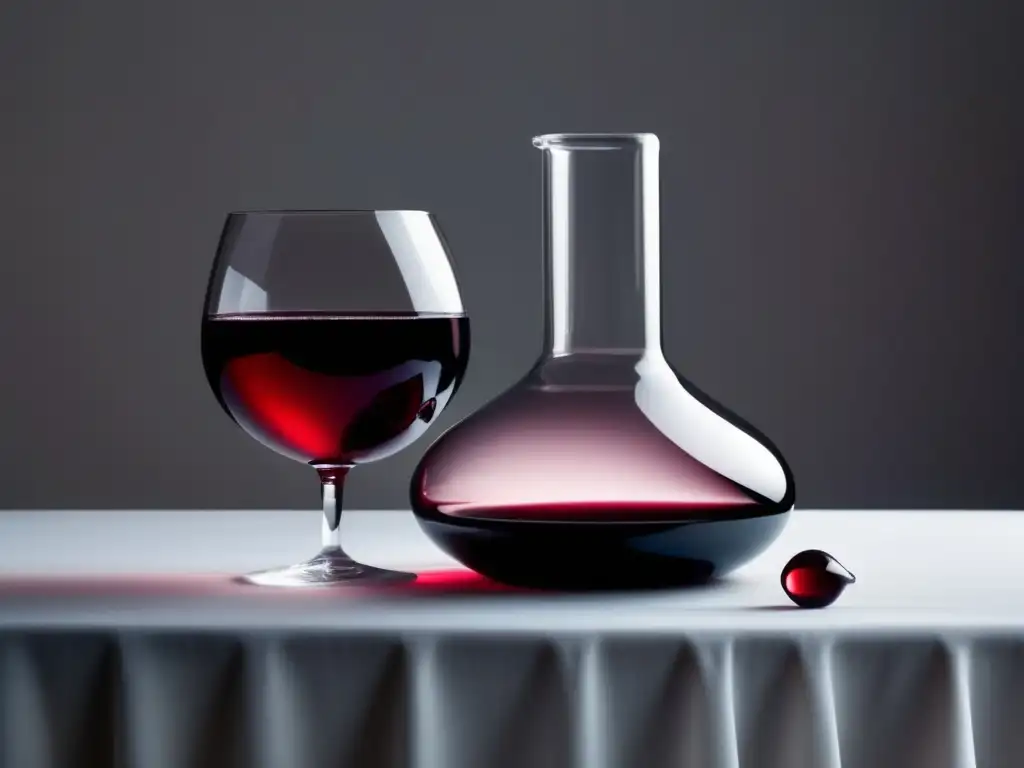 Vinos de laboratorio en eventos: Elegancia y sofisticación con un frasco de vidrio transparente lleno de vino tinto, iluminado suavemente