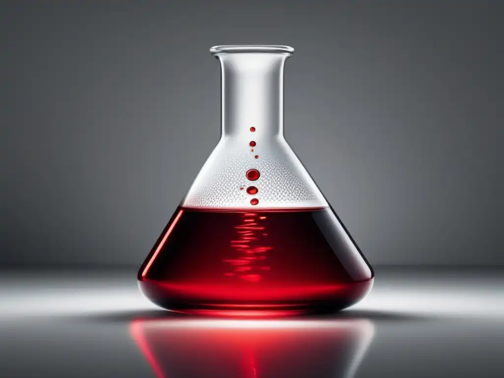 Vinos de laboratorio tecnológicos: flask con líquido rojo, luz suave, patrones intrincados