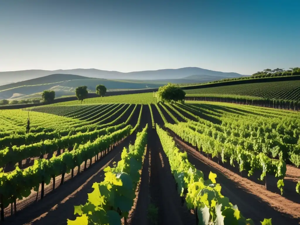 Vinos de laboratorio imitando tradicionales: viñedo sereno y verde con luz y sombra