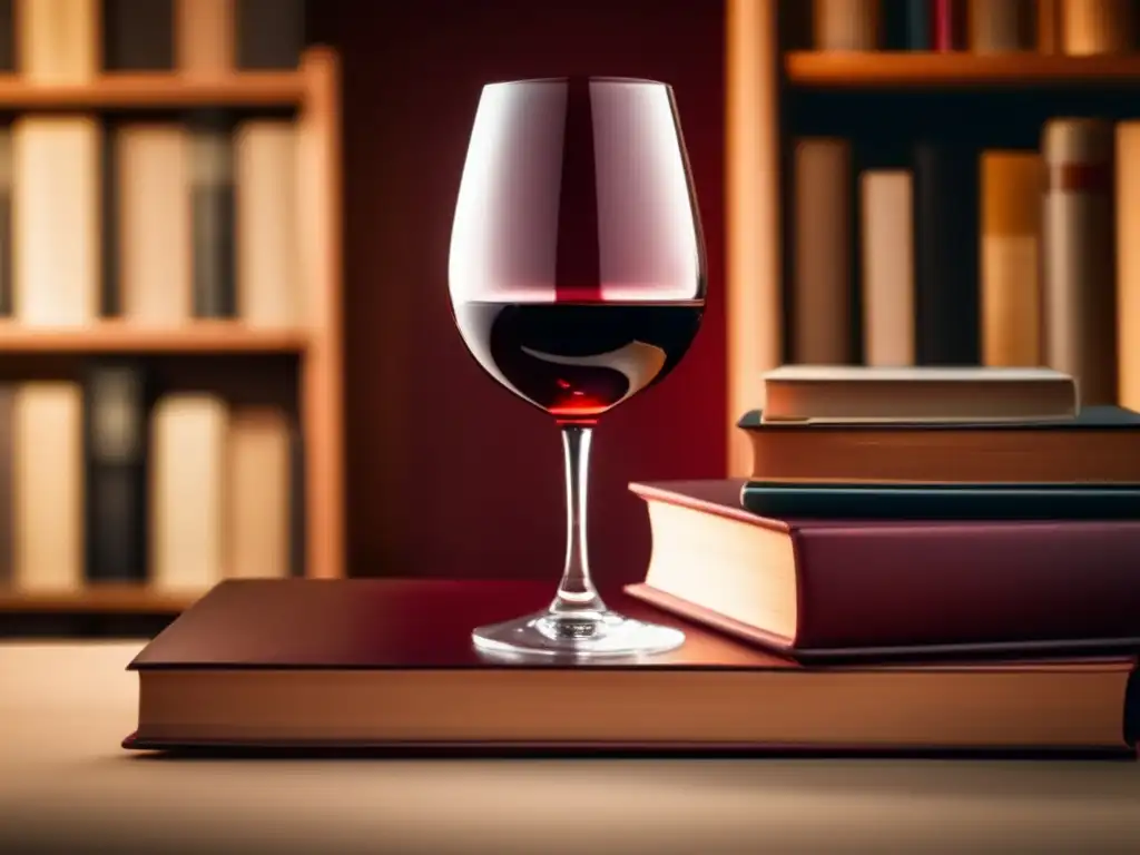 Vinos literatura historia mundial: copa de vino sobre libros, iluminación suave, reflejando entorno