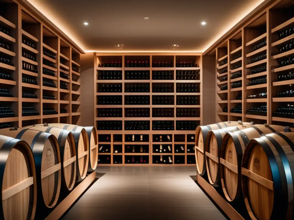 Vinos madurados en bodegas acústicas: Minimalista y elegante bodega de vinos con barricas de roble meticulosamente organizadas y iluminadas