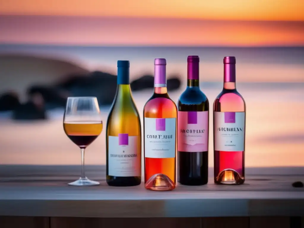 Vinos mediterráneos: sabores costeros y platos tradicionales - Una imagen minimalista de una serena costa al atardecer, con olas suaves y una mesa rústica con vinos mediterráneos