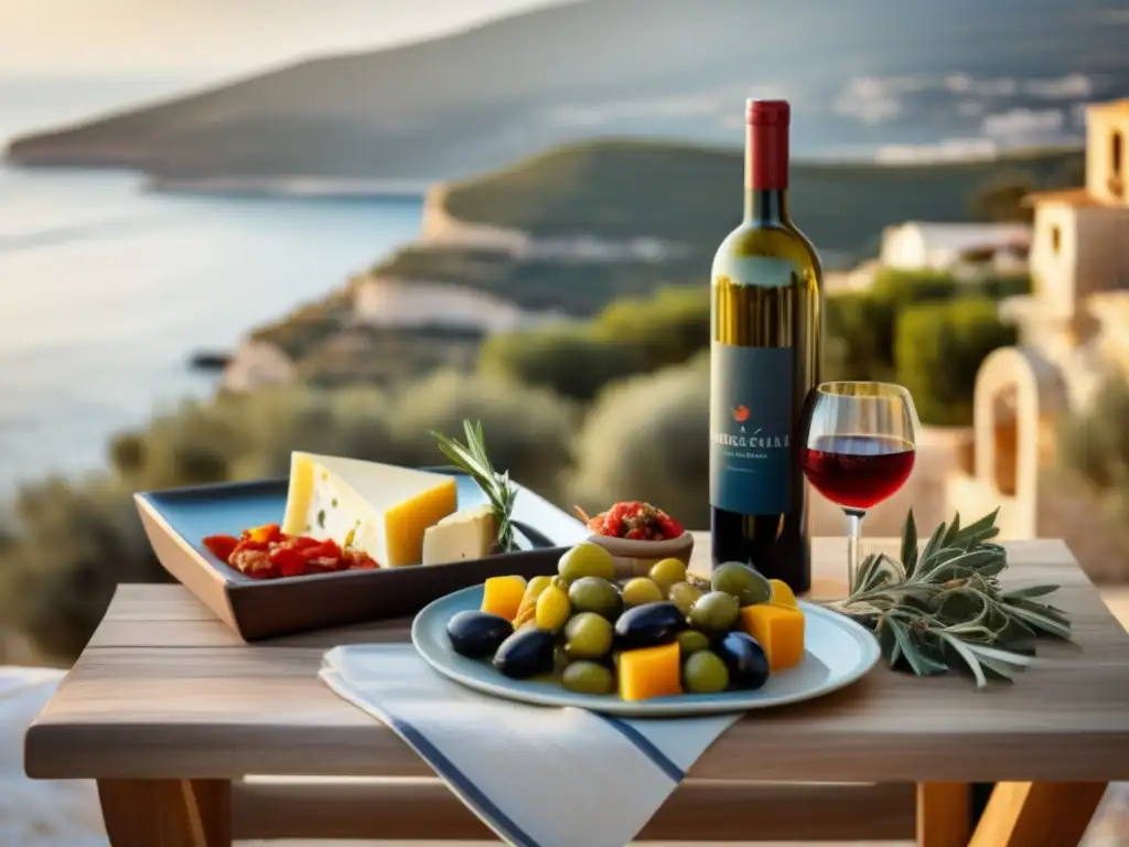 Vinos mediterráneos: sabores costeros y platos tradicionales en una escena idílica de una mesa de madera rústica junto a la costa mediterránea