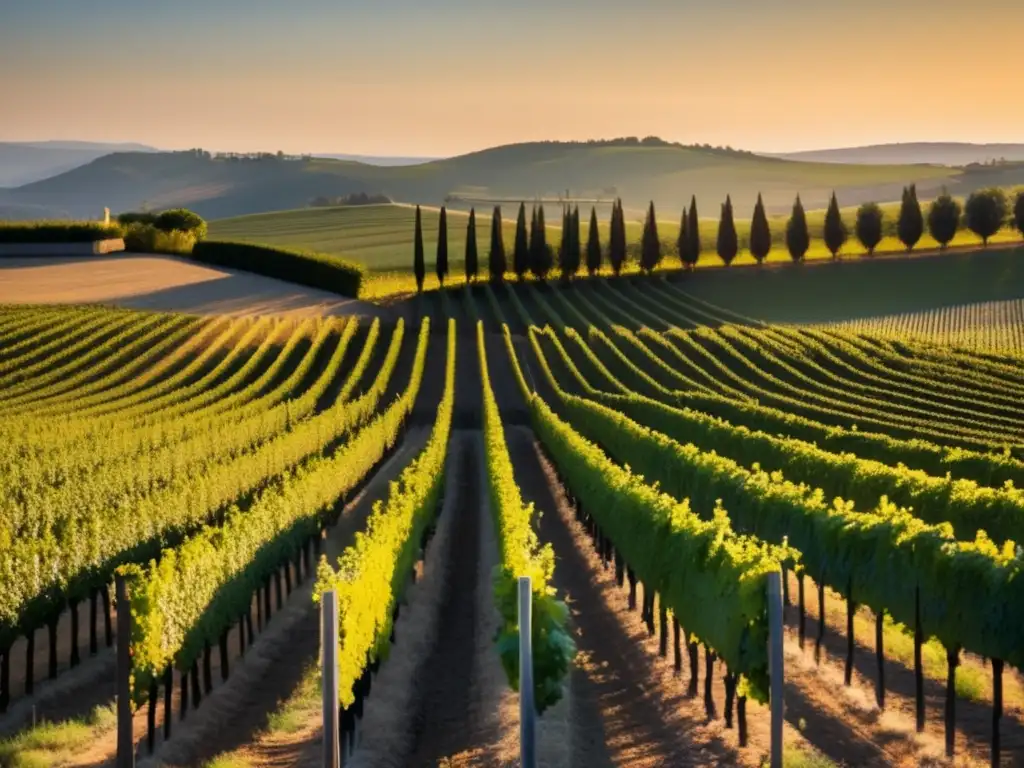 Vinos de México: mercado en auge - Viñedo minimalista al atardecer, con filas de viñedos de Nebbiolo que se extienden hacia el horizonte