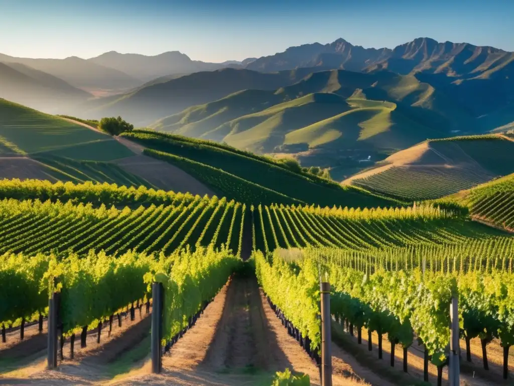 Vinos migrantes en altitudes: Viñedo en montañas, picos, luz dorada, vides verdes y terreno contrastante