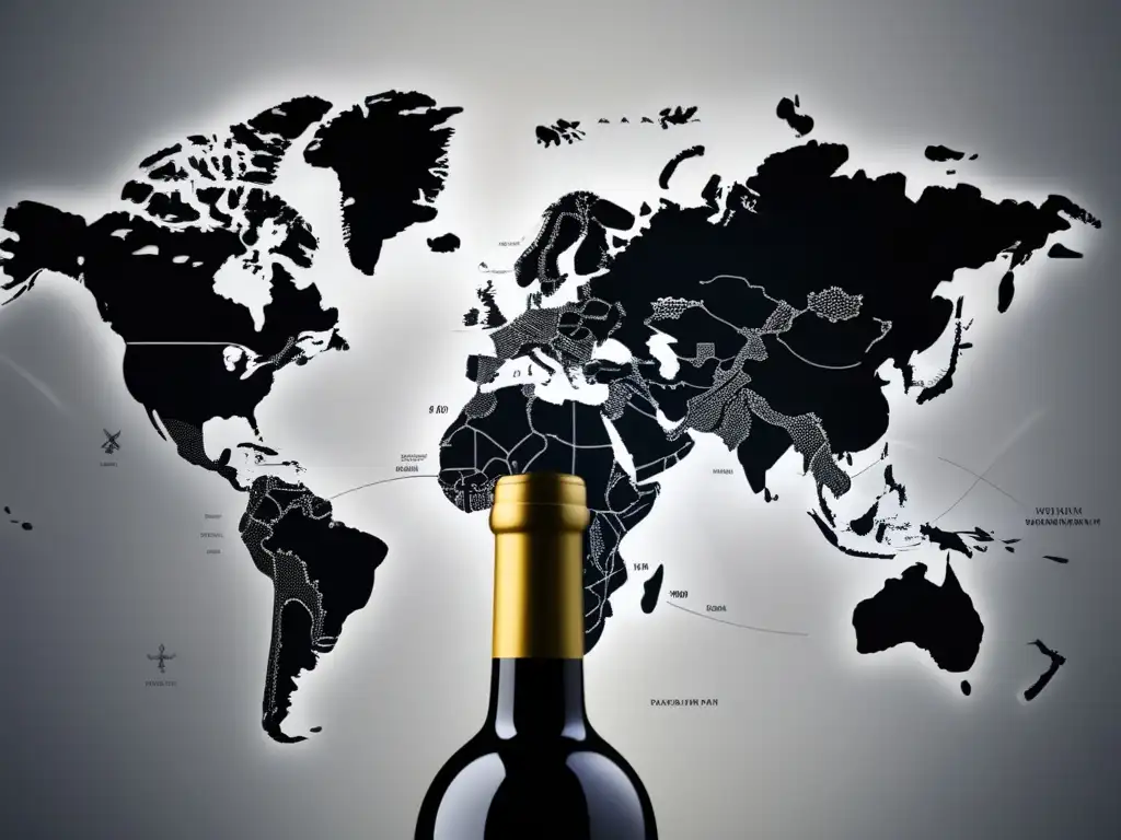 Vinos migrantes latitudes altitudes inusuales: Silueta elegante de botella de vino en mapa mundial