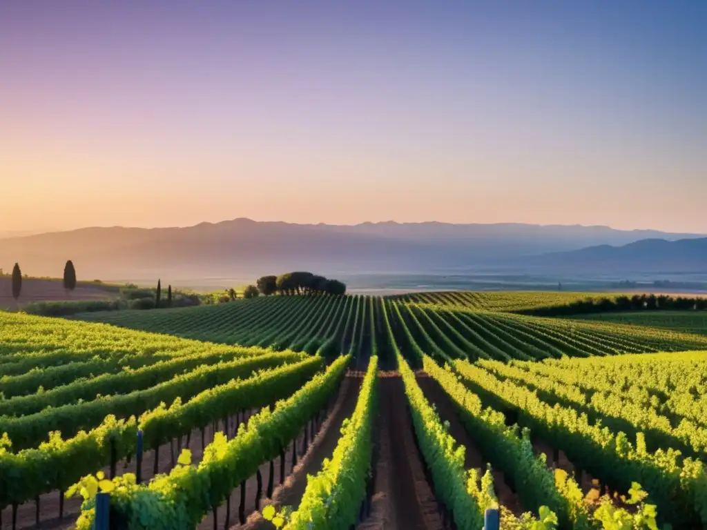 Vinos de Marruecos: Tradición y modernidad en África - Viñedo escénico al atardecer, filas de uvas verdes, montañas de fondo