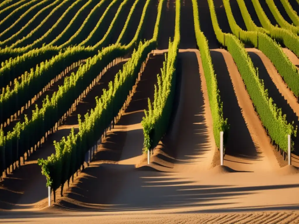 Vinos de Marruecos: Tradición y modernidad en África - Viñedo minimalista al atardecer, sombras doradas y belleza del paisaje