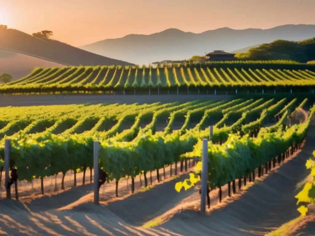 Vinos de Japón: Tradición y Modernidad en la Vitivinicultura - Vineyard japonés sereno al atardecer, con filas de vides alineadas perfectamente