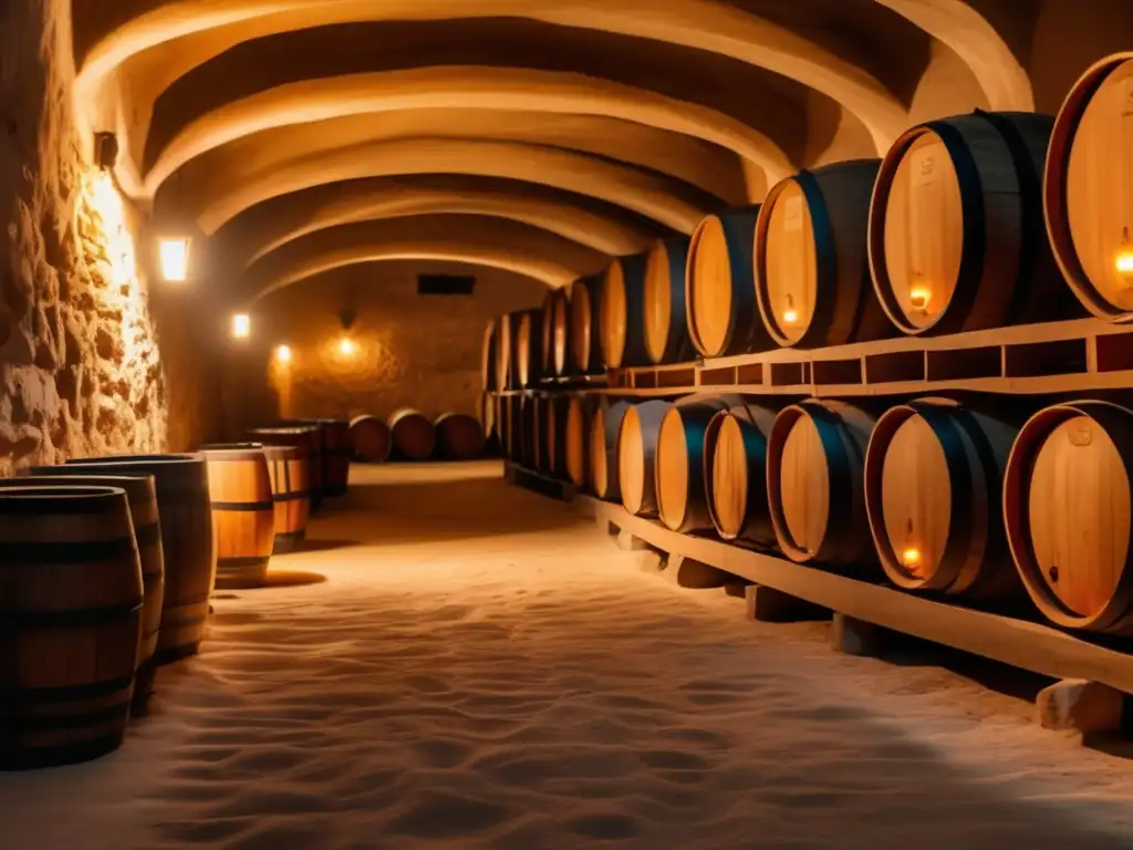 Vinos moldavos de calidad en bodegas subterráneas, con barriles de madera y una atmósfera histórica