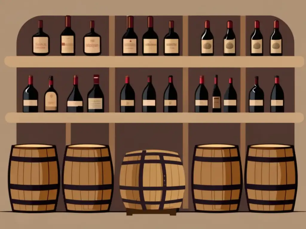 Vinos moldavos de calidad en bodegas subterráneas - Ilustración minimalista de barricas de madera con etiquetas elegantes y ambiente cálido