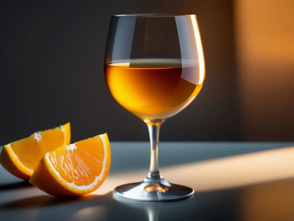 Vinos naranja: categoría emergente, copa de vino ámbar lleno de líquido vibrante y natural, con reflejos y textura cautivantes