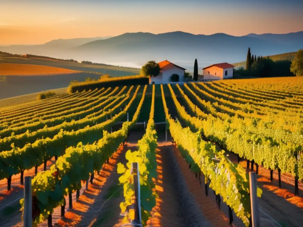 Vinos Naranja Eslovenos en un viñedo sereno al atardecer