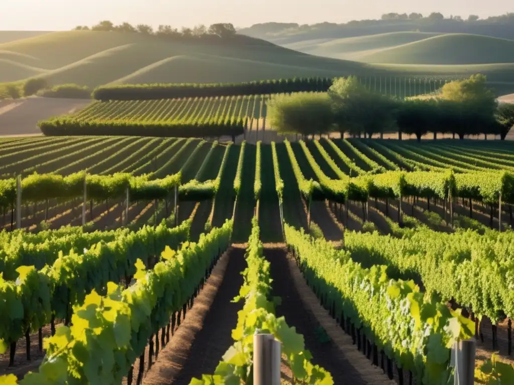 Viñedo bañado por el sol Vinos naturales ancestrales en un viñedo sereno, con filas de vides al sol