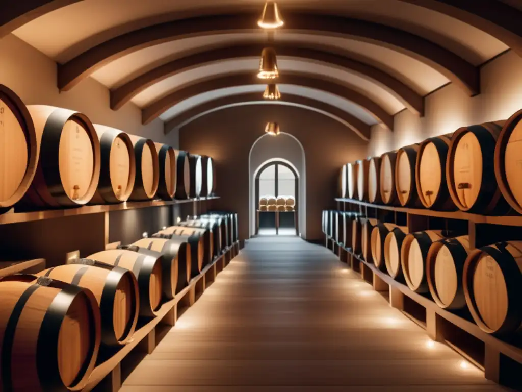 Vinos naturales y biodinámicos en una bodega minimalista con barriles de madera y luz suave