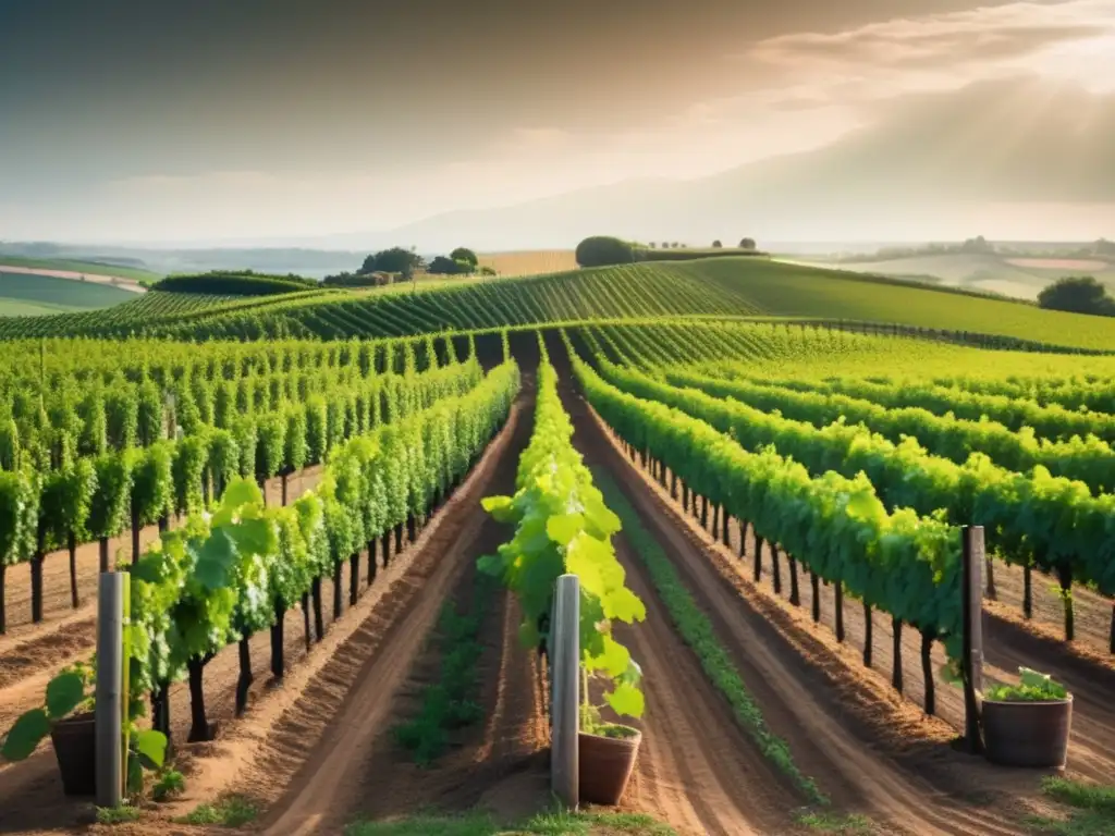 Vinos naturales y biodinámicos en un viñedo exuberante, con filas ordenadas de vides que se extienden hacia el horizonte