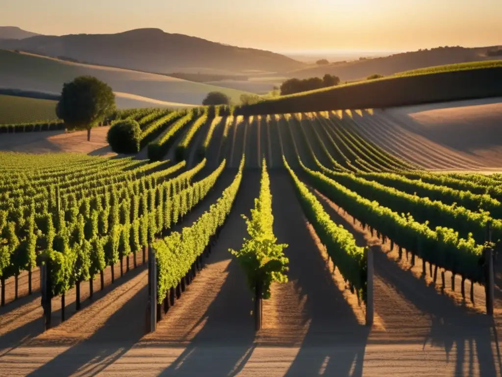 Vinos naturales y biodinámicos en un viñedo al atardecer, con filas de vides ordenadas que se extienden hacia el horizonte