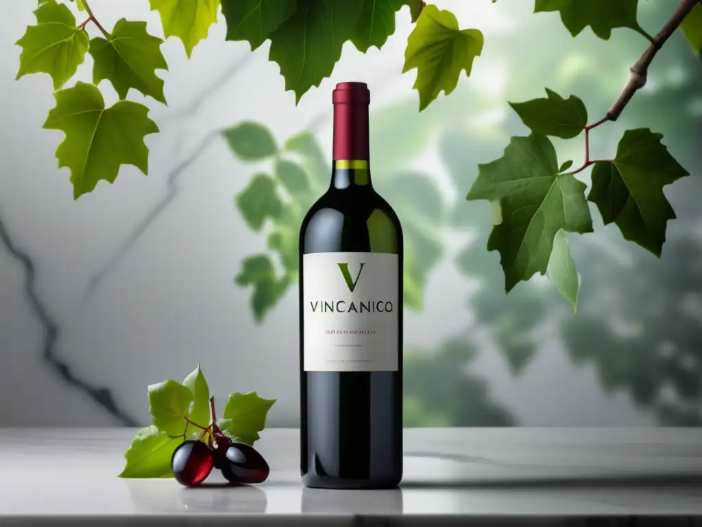 Vino orgánico y biodinámico Vinos orgánicos biodinámicos: botella transparente y elegante en encimera de mármol blanco rodeada de hojas de vid verde