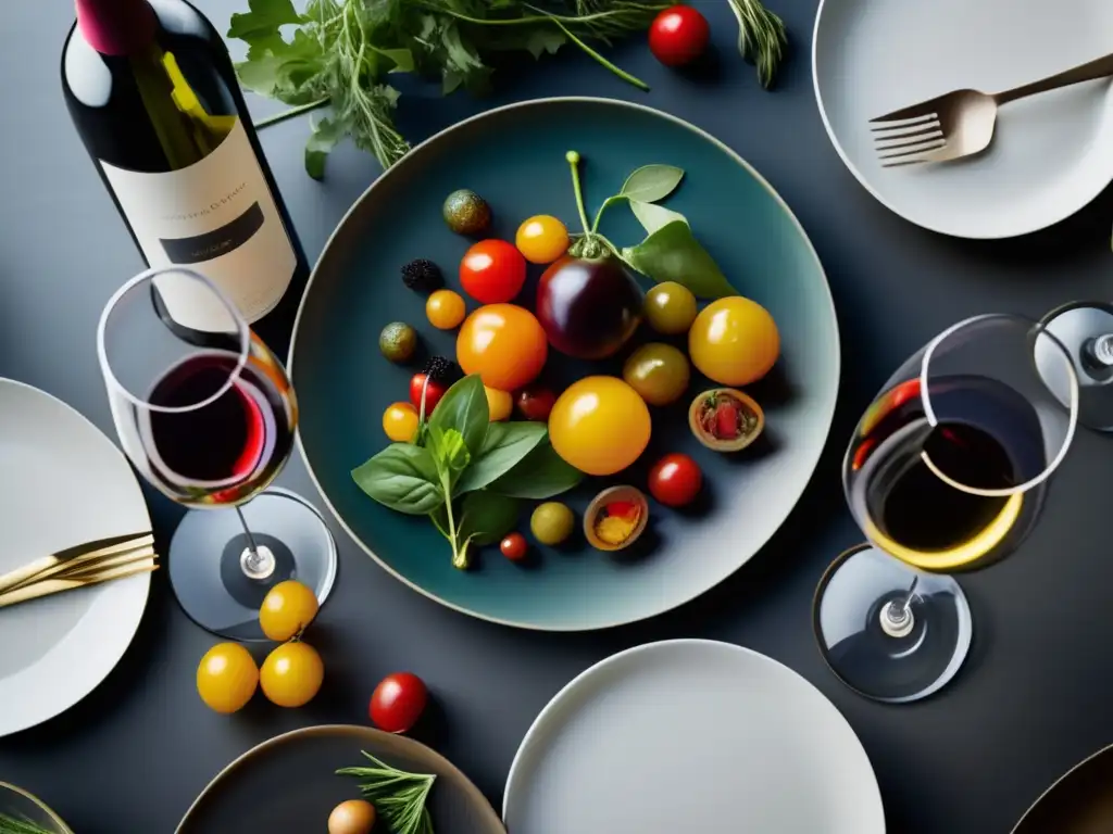 Vinos orgánicos: plato de alimentos y vinos maridados, presentación elegante, ingredientes frescos y colores vibrantes